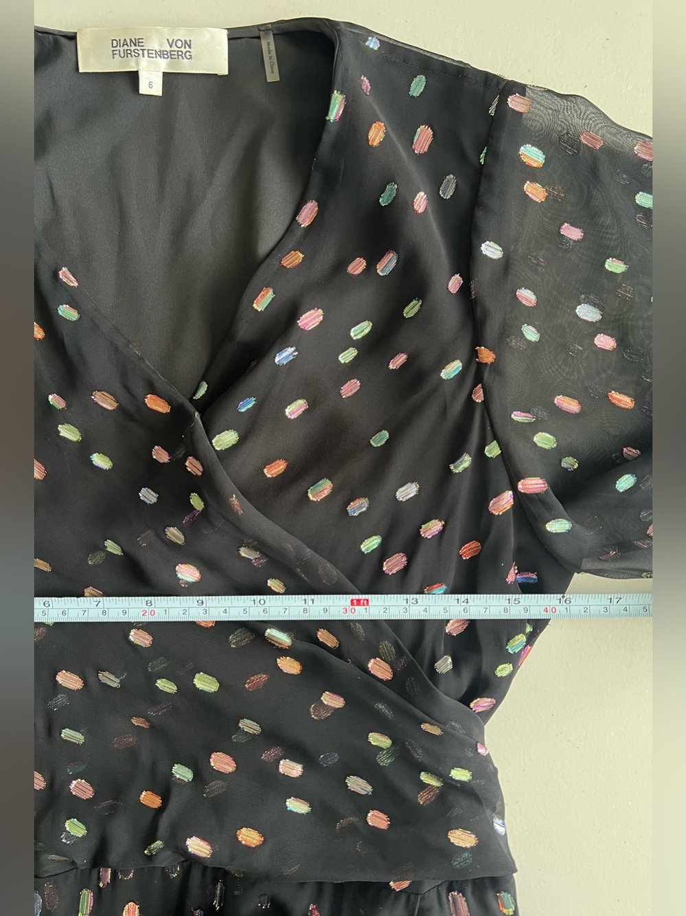 DVF Berdina Metallic Flounce Wrap Dress High Low Multicolor Dot Size 6 - Picture 12 of 16